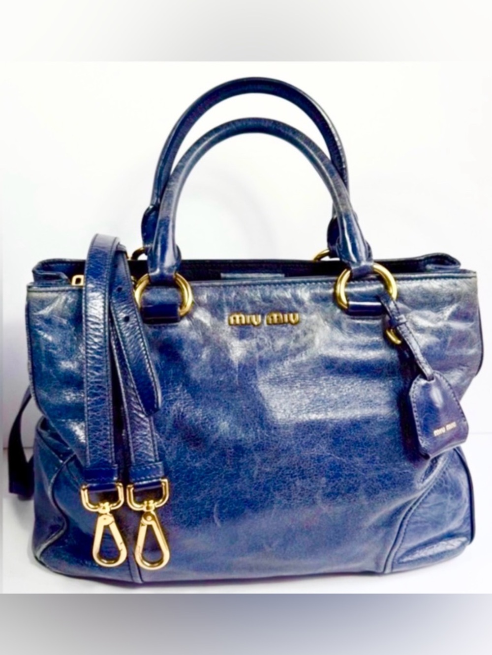 Miu Miu Vitello Lux Blue Leather Satchel Bag Distressed Finish Gold Hardware